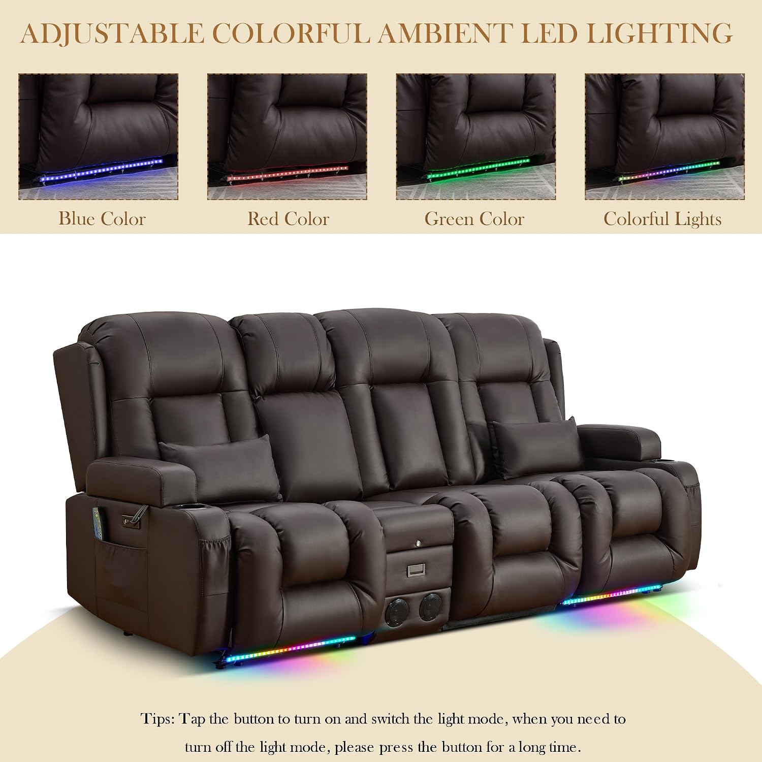 TUNYI Power Loveseat Recliner Sofa with Massage & Heat Home Theater Seating with Console RV Recliner Loveseat Sofa with USB/Storage/Side Pocket/LED Light/Speaker (Brown, 3 Seat with Console)