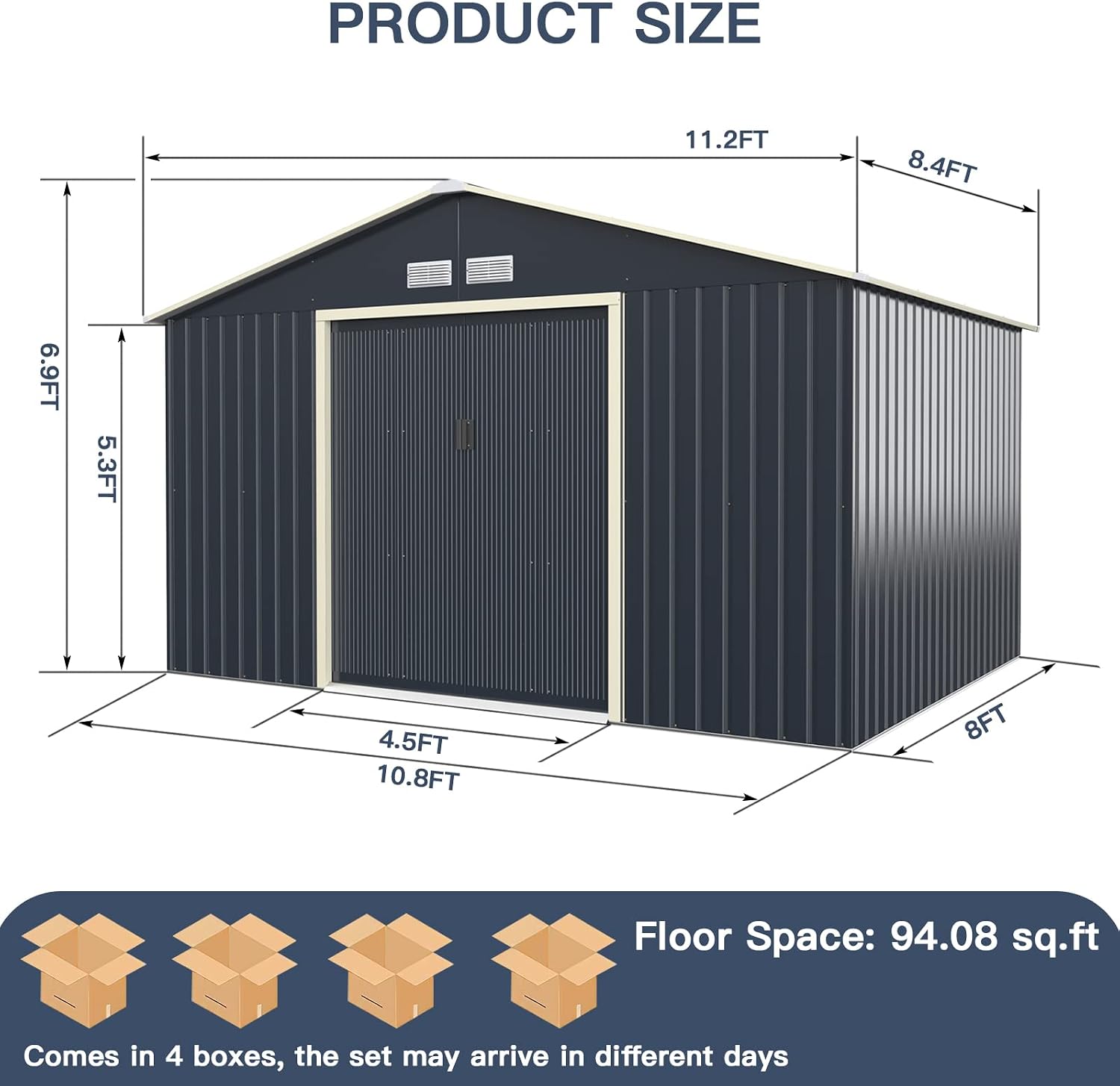 Giantex Outdoor Storage Shed with Double Sliding Door, Galvanized Metal Garden Storage Room, Front and Back Vent, Weather Resistant Tool Storage Shed for Backyard, Patio, Lawn (11 x 8 FT)