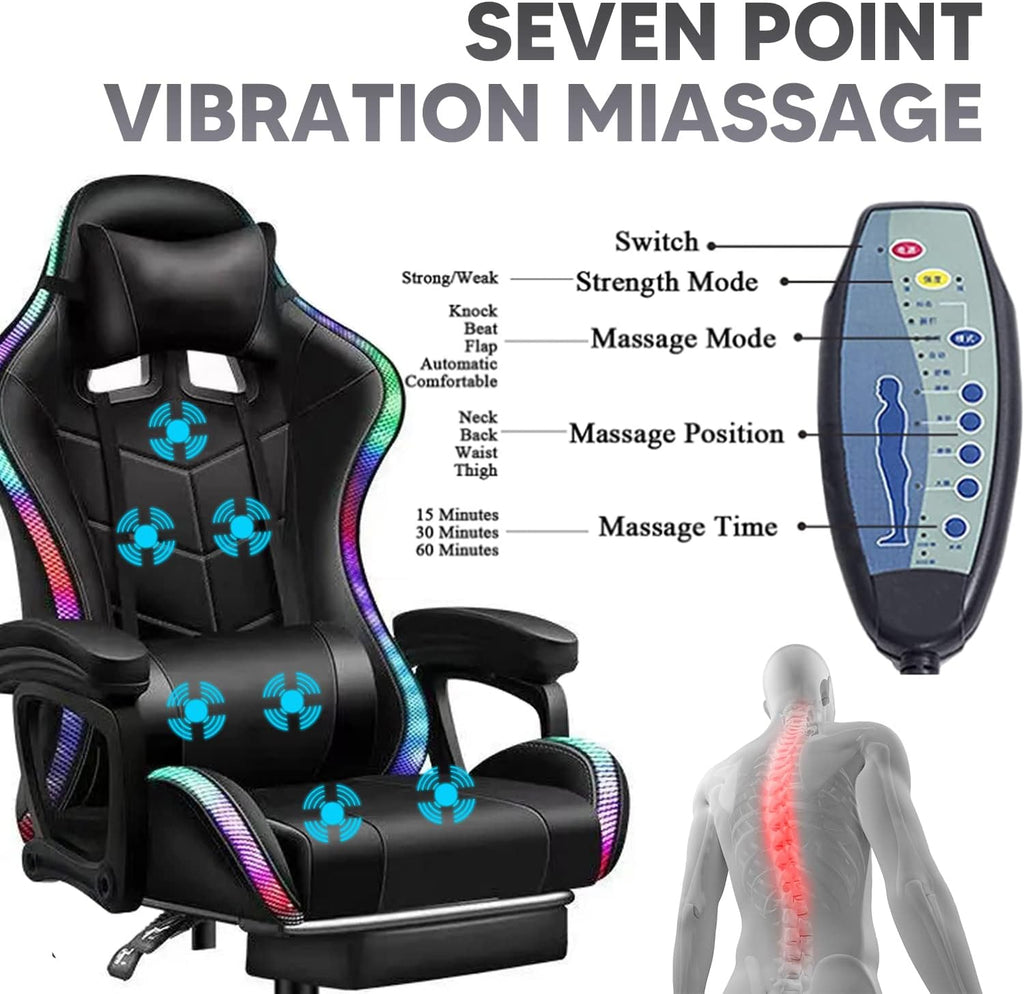 LED Gaming Chair Ergonomic Massage Racing Computer Chairs High Back Video Game Chairs with Speakers PU Leather with Footrest Headrest Lumbar Support Office Desk Chair for Adults Teens,Pink
