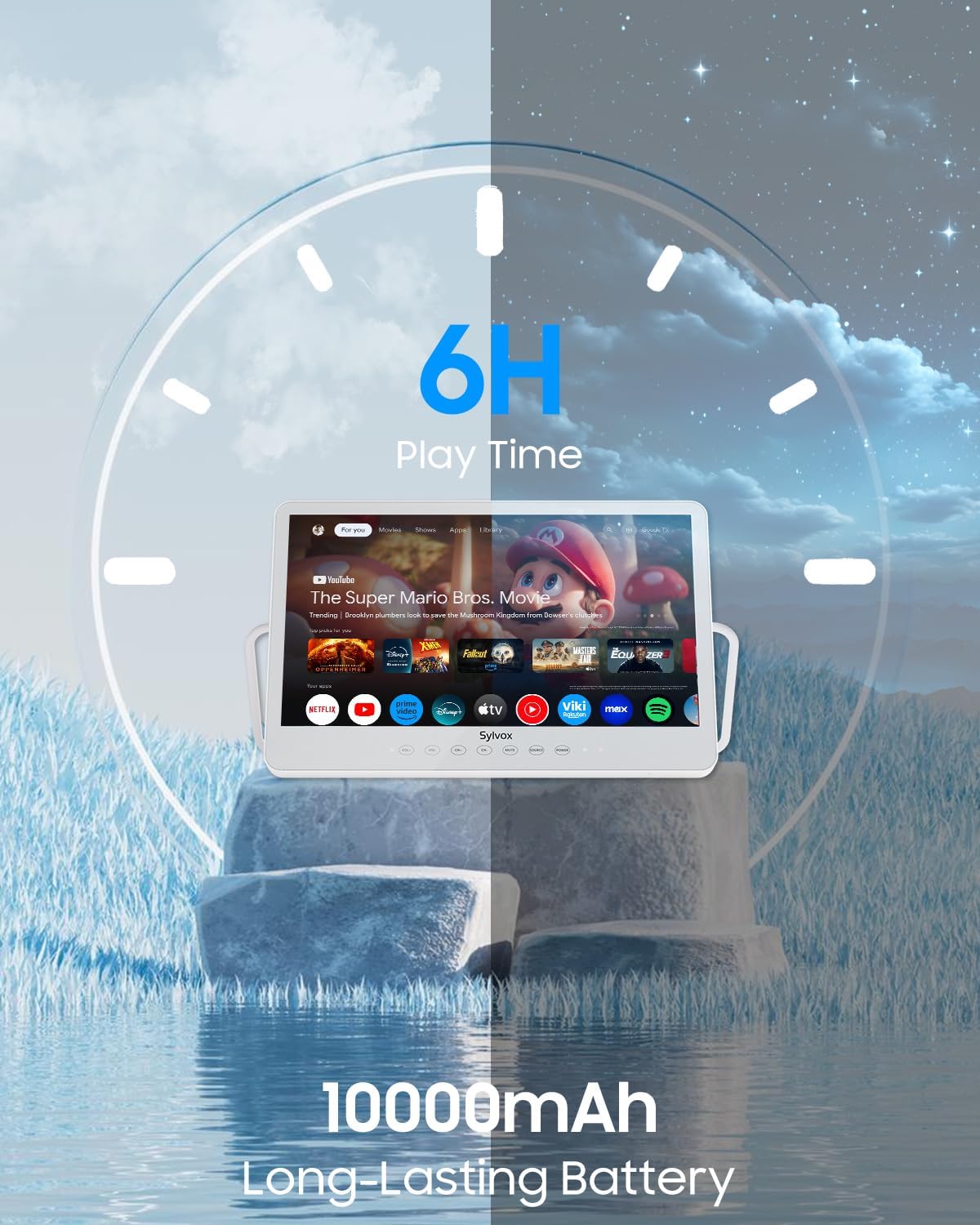 SYLVOX 15.6' Portable TV, 1080P Smart TV, 10000mAh Battery (6H), Rechargeable, IP66 Waterproof, Supports Apps & Voice Control. Perfect for RV, Kitchen, Camper & More