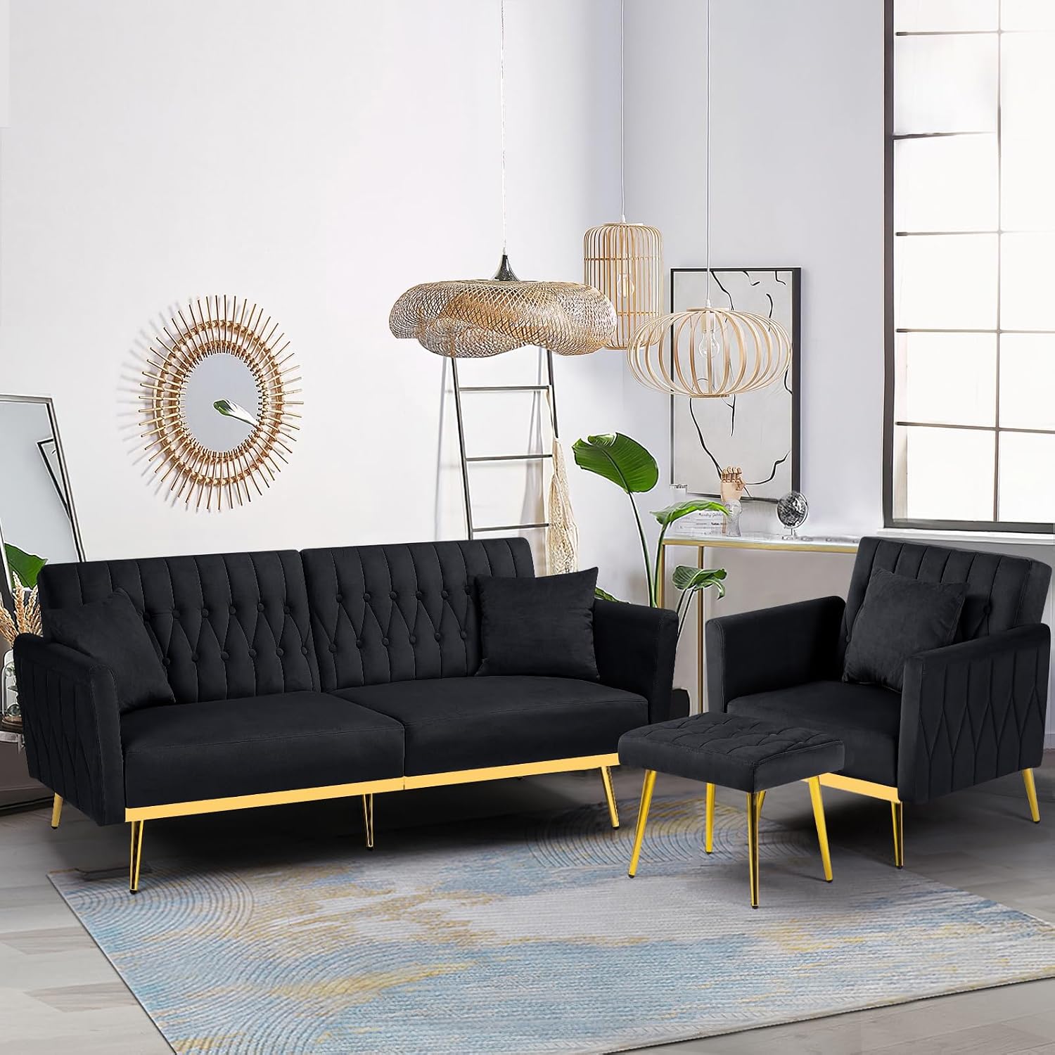 2 Pieces Velvet Sofa Set with Adjustable Armrest and Backrest, 70' Convertible Futon Sofa Bed & Mordern Accent Chair with Ottoman for Living Room, Bedroom, Black