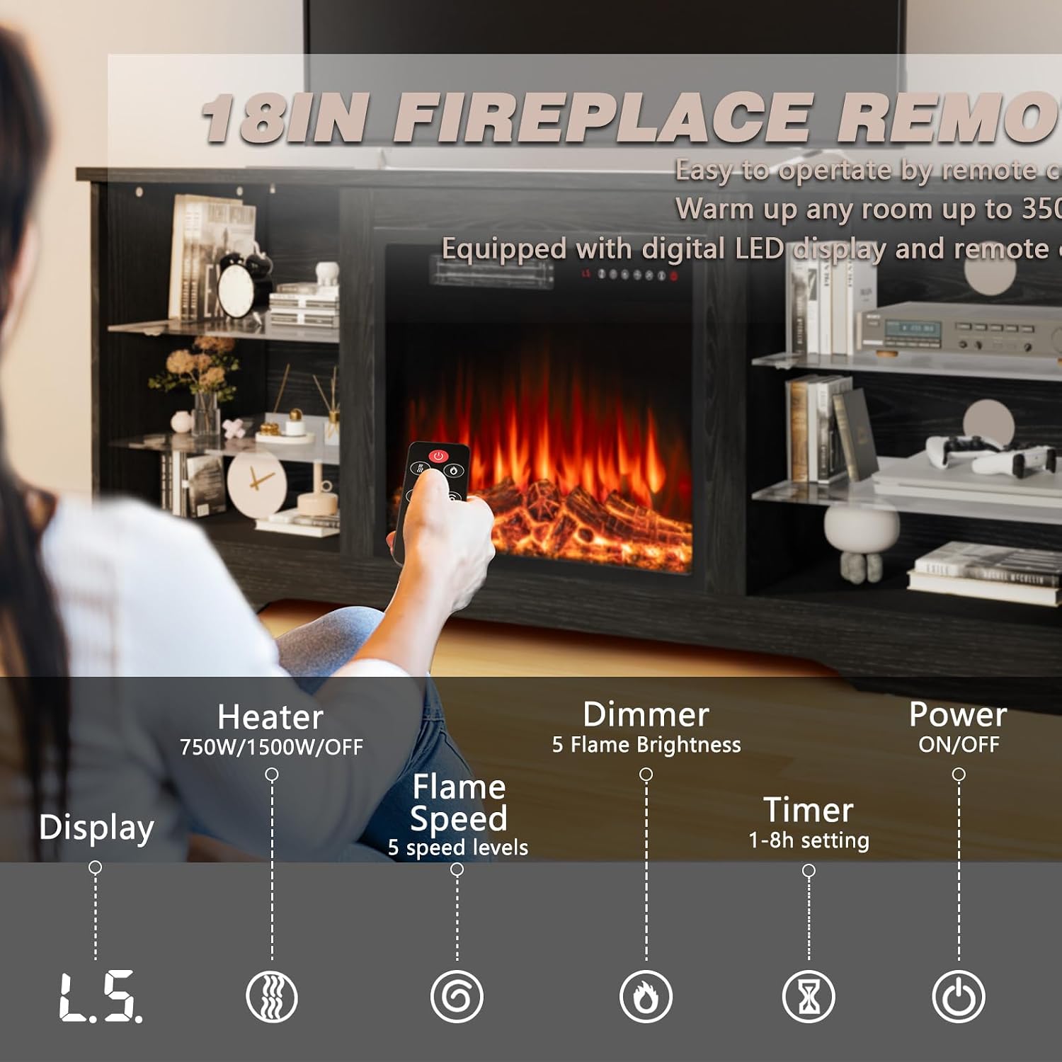 LEMBERI 58 Inches Fireplace TV Stand for TVs up to 65 Inches Console with 18'' Electric Fireplace & Remote, Wooden Modern Entertainment Center for Living Room with LED Light Glass Shelves (Black)
