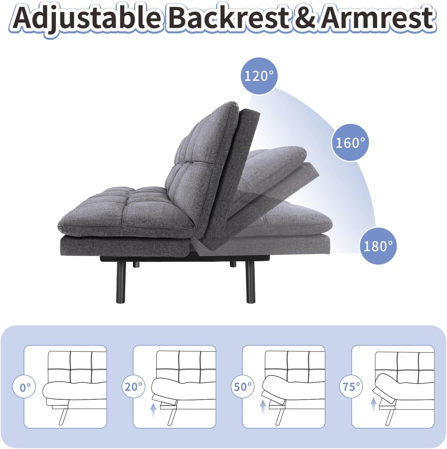 MUUEGM Futon Sofa Bed Memory Foam Dark Grey Futons Modern Office Couch Sleeper Bed Convertible Love seat Sofa for Small Spaces,Apartment,Office with Adjustable Armrest Backrest
