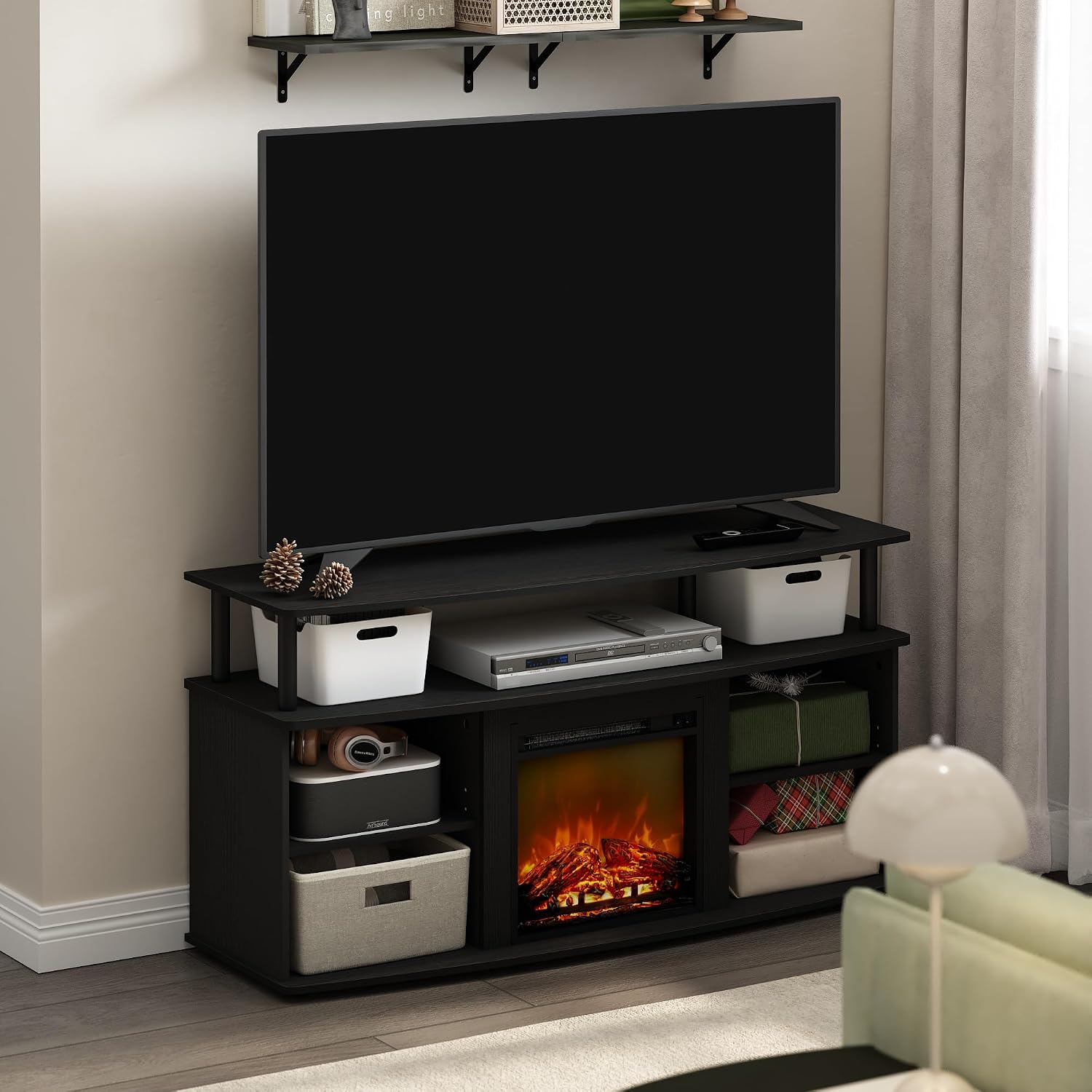 Furinno Jensen Fireplace TV Stand, Entertainment Center, TV Console for TV up to 55 Inch with Fireplace and Open Shelving Storage, for Living Room, Bedroom, Americano