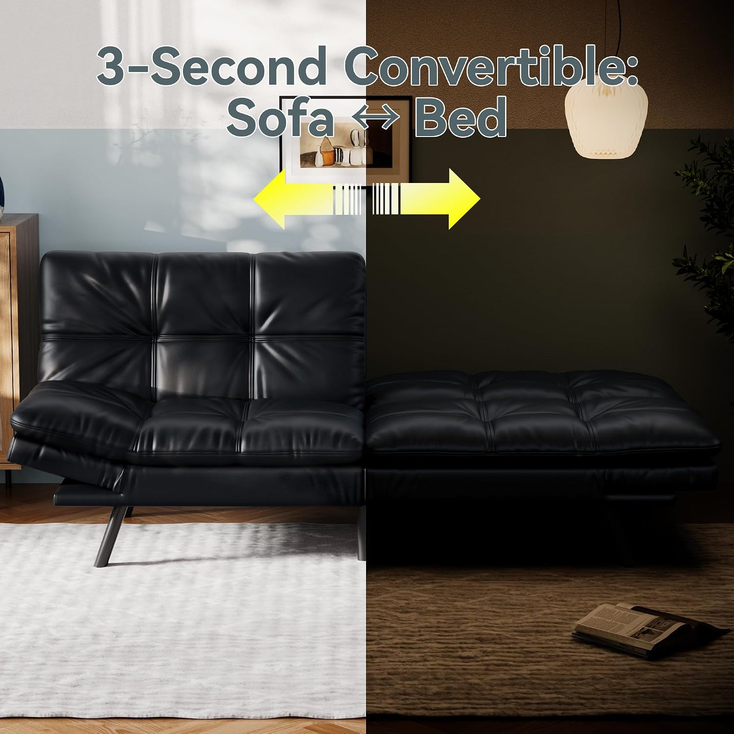 Vyfipt Convertible Futon Sofa Bed, Black Faux Leather Futon Couch with Adjustable Backrest & Armrests, Folding Small Recliner Sleeper Sofa Bed for Living Room, Apartment, Office