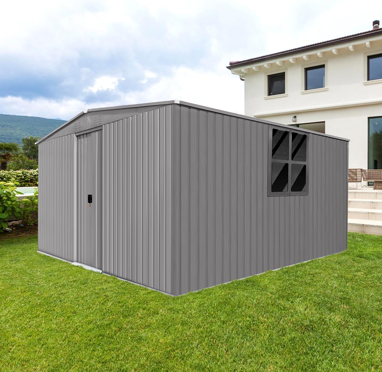 YOPTO 12x14 FT Sheds & Outdoor Storage,Metal Waterproof Firewood Shed with 2 Integrated Punched Vents,2-in-1Heavy-Duty Garden Tool House w/Window & Door,Shelter for Wood,Bicycles,Grey
