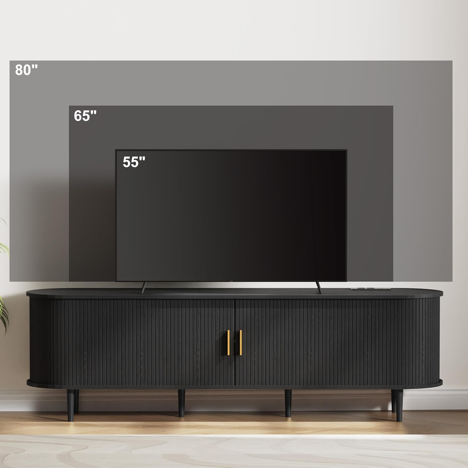 DHH 70.8 Inch Mid Century Modern TV Stand with Power Outlet for TVs up to 80 Inch, Entertainment Center with Storage and Adjustable Shelves, Media Console with Sliding Doors for Living Room, Black