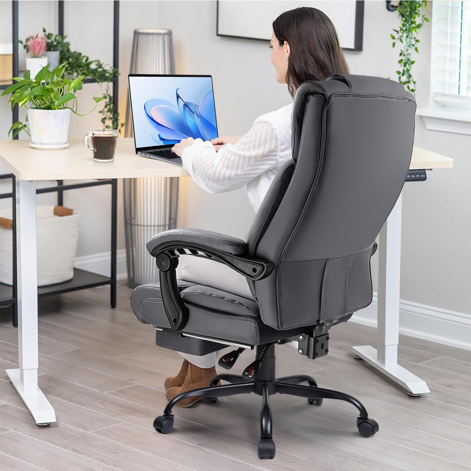 OFIKA Office Chair,Executive Heavy Duty Office Chair with Foot Rest Ergonomic High Back Computer Gaming Chairs Home Office 400lbs,Big and Tall Lumbar Support (Grey)