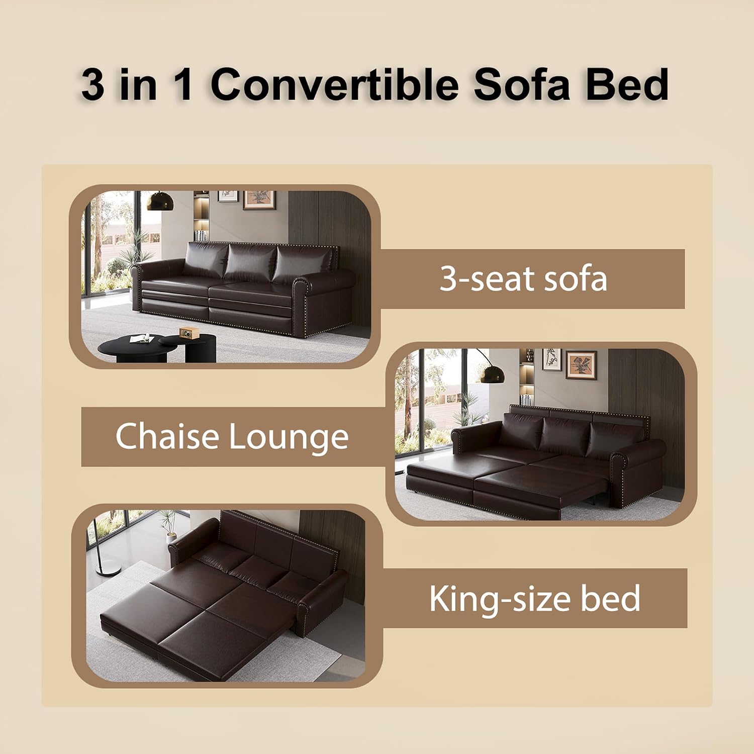 93.7' King Pull Out Sofa Bed, Faux Leather Sleeper Sofa Couch, 3 in 1 Convertible Futon Couches for Living Room, Small Space, Apartment, Office, Bedroom, Modern Rivet Armrest, Dark Brown
