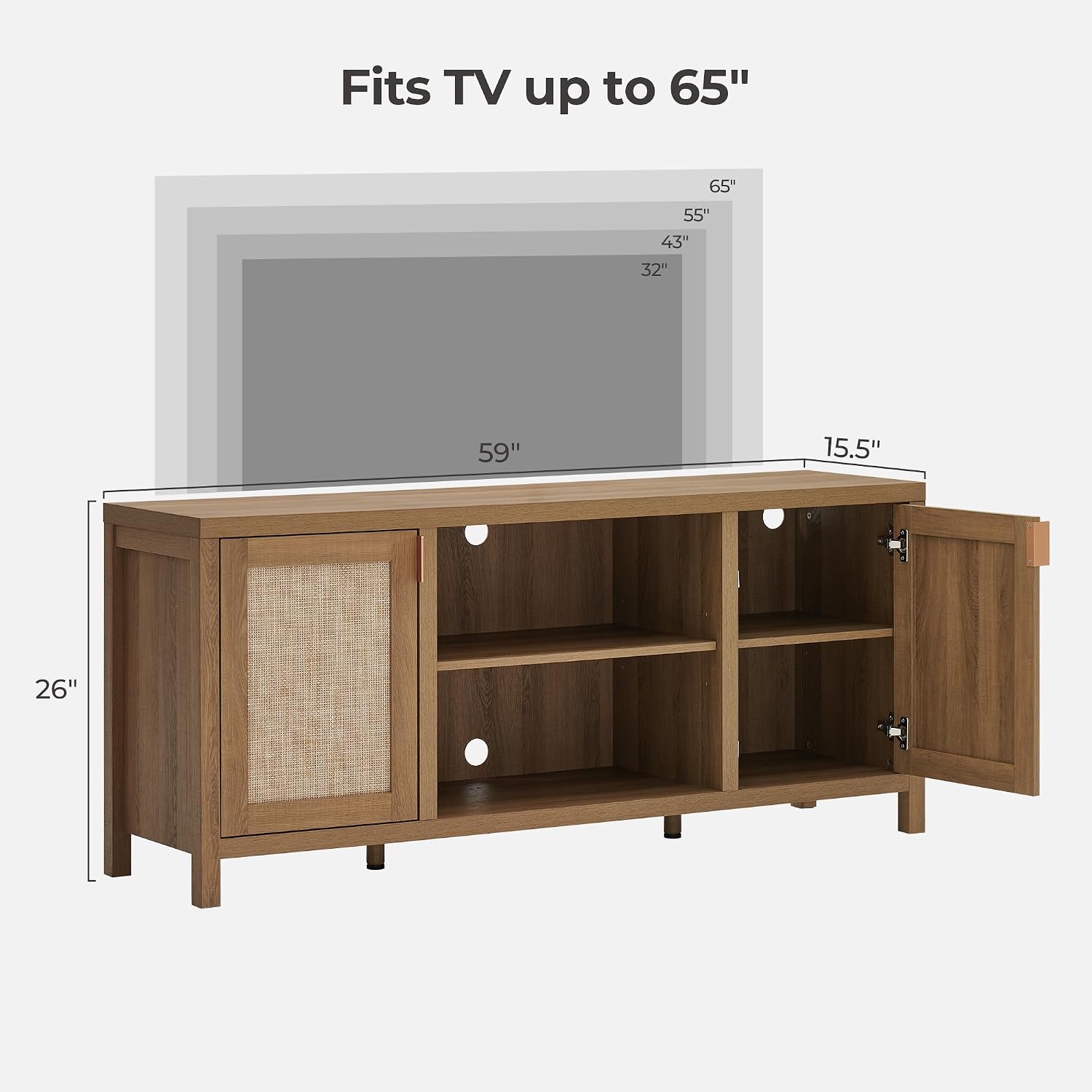 SICOTAS TV Stands for Living Room : Rattan TV Console Cabinet with Storage and Shelf, Boho Entertainment Center, 59' Media Console for 55, 65 Inch TV, 26' Tall Television Stands, Oak