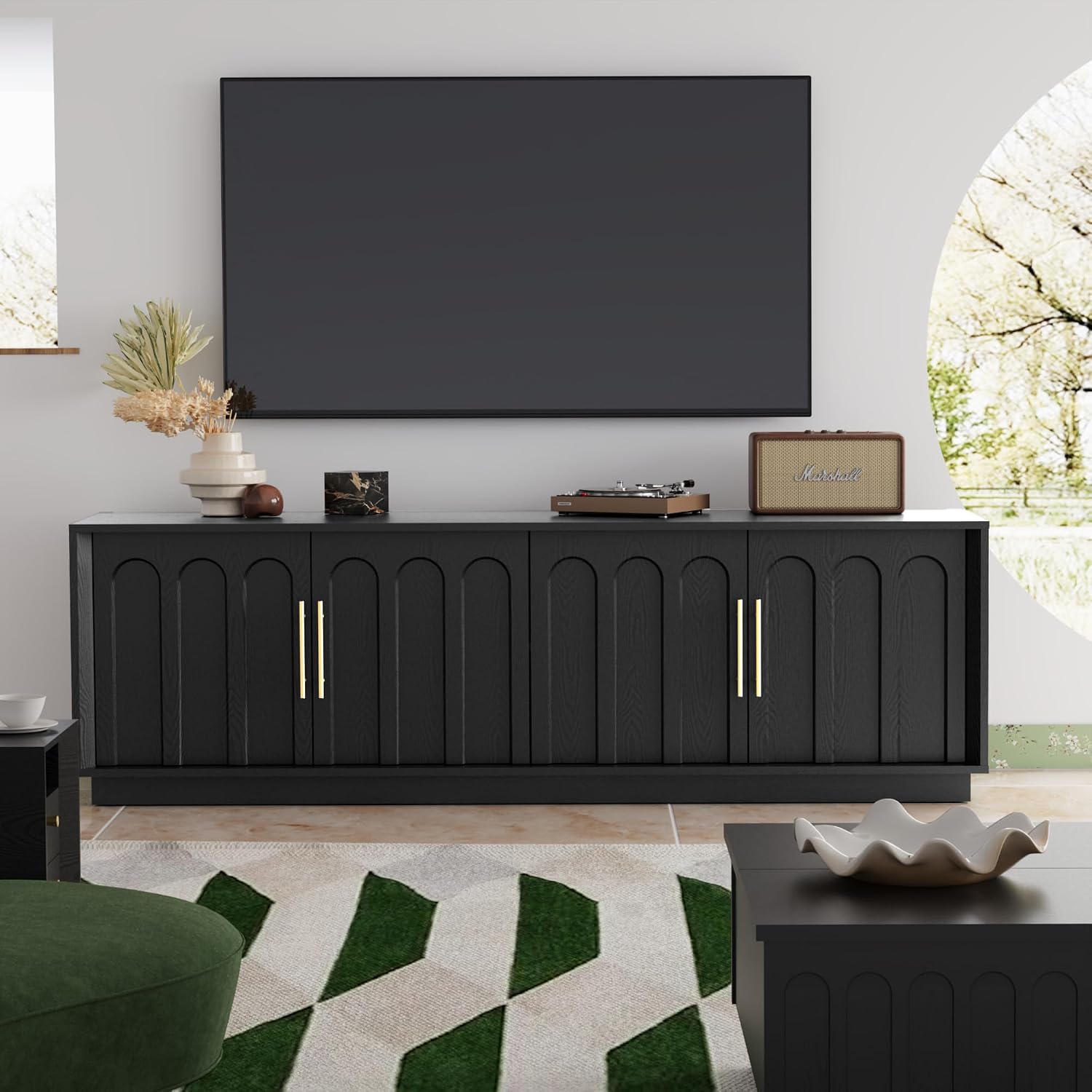FORTUNETEC TV Stand for 75 Inch TV, 67' Entertainment Center with Arched Design, Minimalist Media Console with Adjustable Shelves, Modern TV Stand for Living Room Bedroom, Black