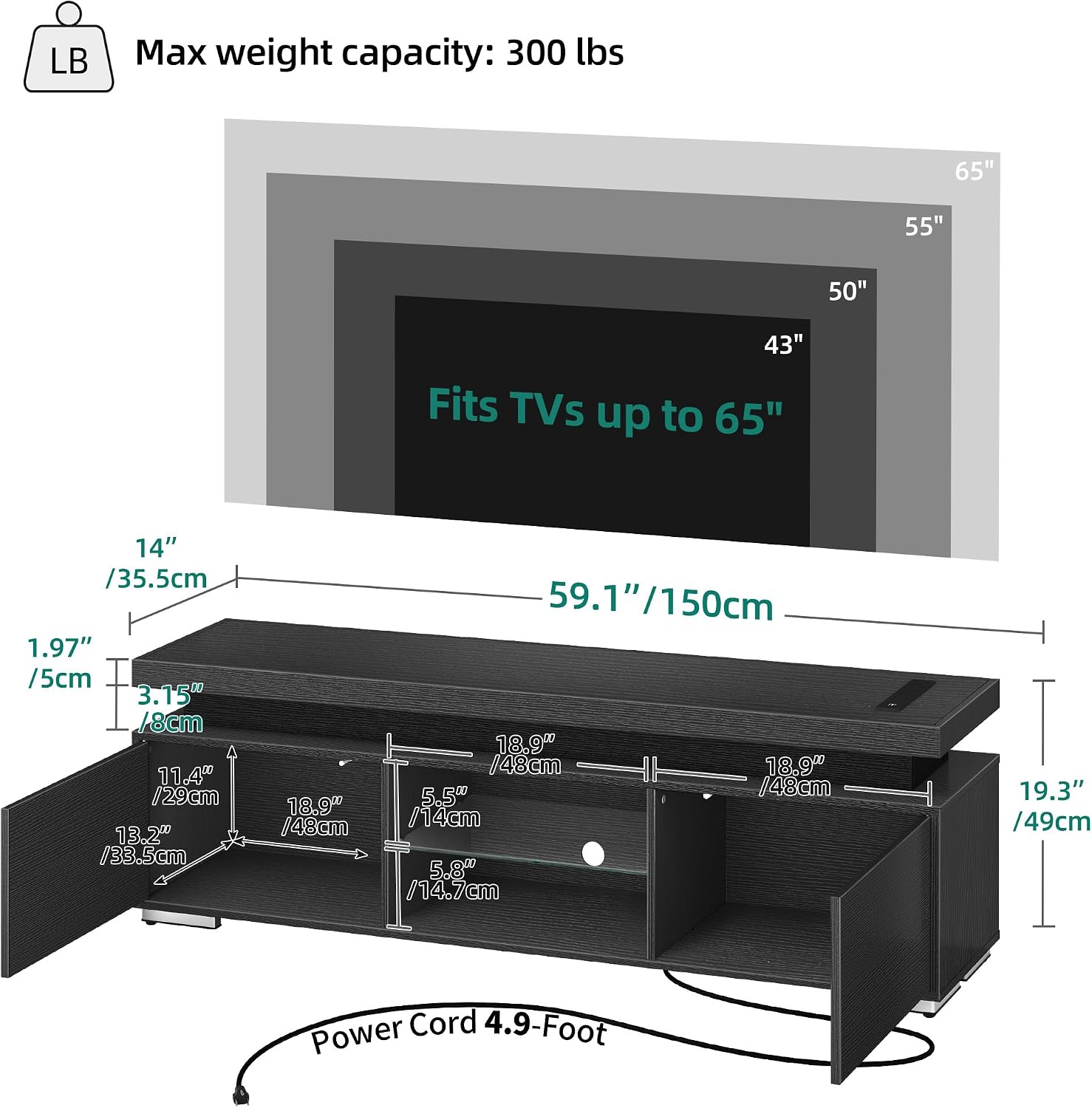YITAHOME Black TV Stand for 65 inch TV, Entertainment Center with Storage, Modern LED TV Stand w/Power Outlets for Living Room, TV Console Media Cabinet, Black
