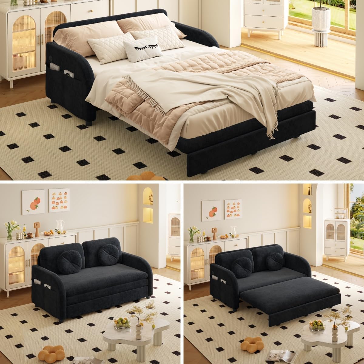 52.4'' Pull Out Couch Full-Size, Futon Sofa Bed, Convertible Sleeper Sofa Bed with USB Port, Storage Pockets, 2 Pillows, Modern Chenille Loveseat Couches for Living Room, Small Space, Black