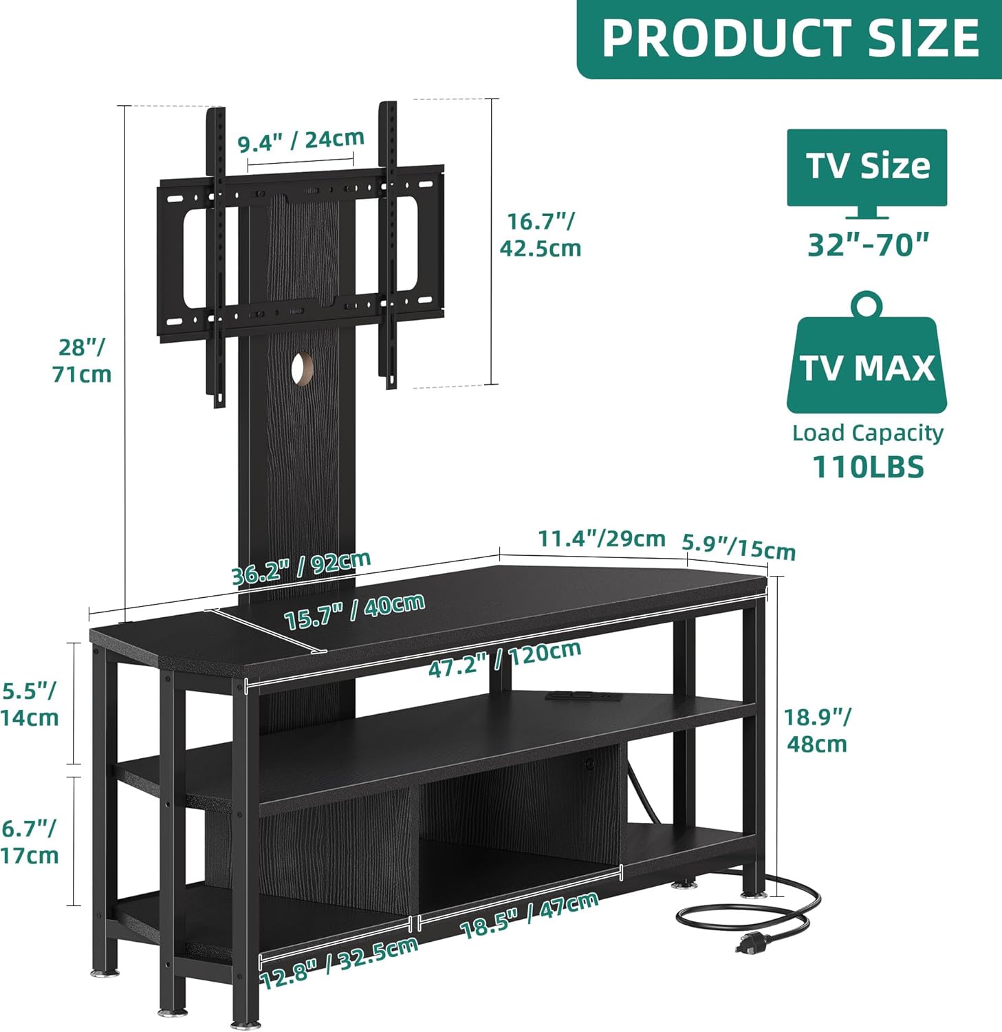 YITAHOME Black TV Stand with Mount, Modern TV Stand for 70/65 inch TV LED Entertainment Center with Adjustable Mount & Power Outlet, TV Console Cabinet, Black