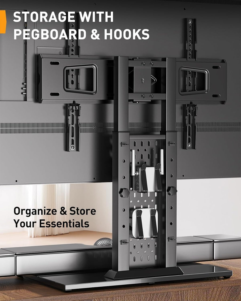 Perlegear Universal Swivel TV Stand for 42-85 90 Inch TVs, Television Stands with Pegboard Storage, Height Adjustable Table top TV Stand Mount, Glass Base up to 150 lbs, Max VESA 600x400mm PGTVS36