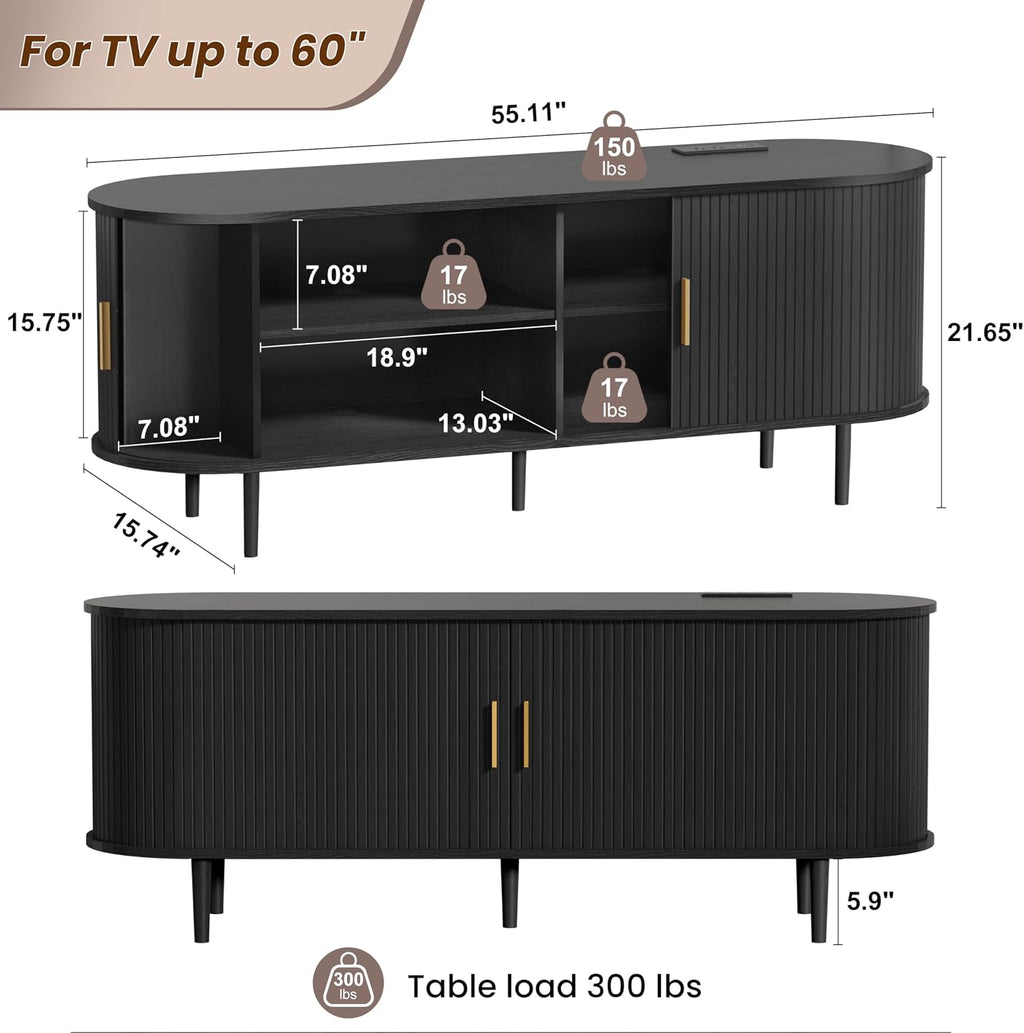 DHH 55 Inch Mid Century Modern TV Stand with Power Outlet for TVs up to 60 Inch, Entertainment Center with Storage and Adjustable Shelves, Media Console with Sliding Doors for Living Room(Black)
