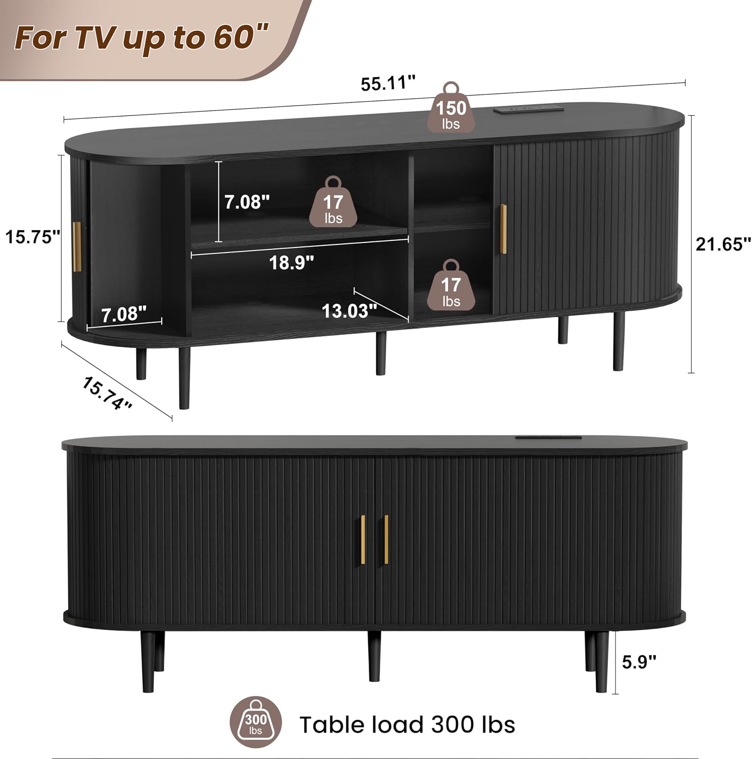 DHH 55 Inch Mid Century Modern TV Stand with Power Outlet for TVs up to 60 Inch, Entertainment Center with Storage and Adjustable Shelves, Media Console with Sliding Doors for Living Room(Black)