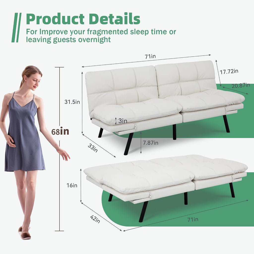 Opoiar 71' L Covertible Futon Sofa Bed,Faux Leather Futon Couch, Memory Foam Modern Loveseat Sleeper, Small Splitback Sofa Couches for Living Room,RV,Home Office,Apartment,White