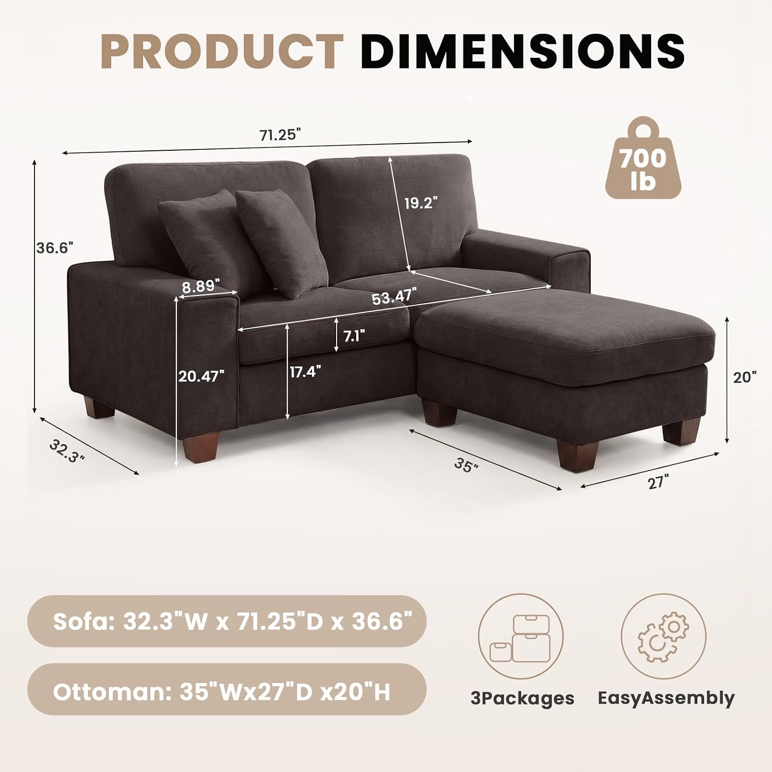 DOPEDIO L-Shaped Sectional Sofa with Storage Ottoman, Modern Chenille Recliner Loveseat, Removable Couch Covers, Pocket Spring Cushions, Solid Wood Frame, Easy to Install (71.25inch, Dark Grey)