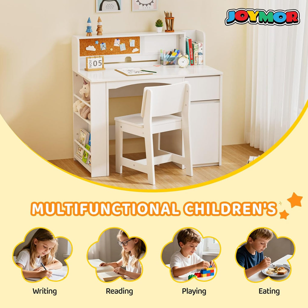 JOYMOR Kids Desk and Chair Set with Bookshelf, Kids Study Desk with Chair with Storage Cabinet, Student Writing Table for Study & Crafts, Student Computer Workstation for 5-12 Years Old, White