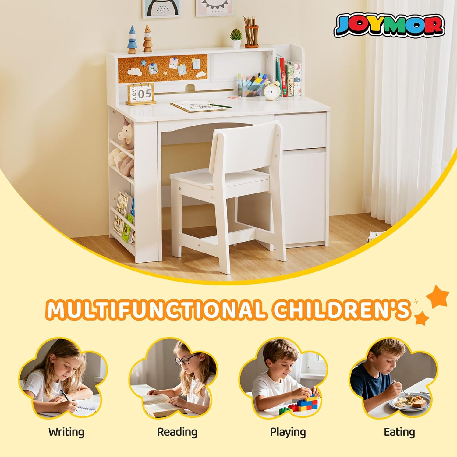 JOYMOR Kids Desk and Chair Set with Bookshelf, Kids Study Desk with Chair with Storage Cabinet, Student Writing Table for Study & Crafts, Student Computer Workstation for 5-12 Years Old, White
