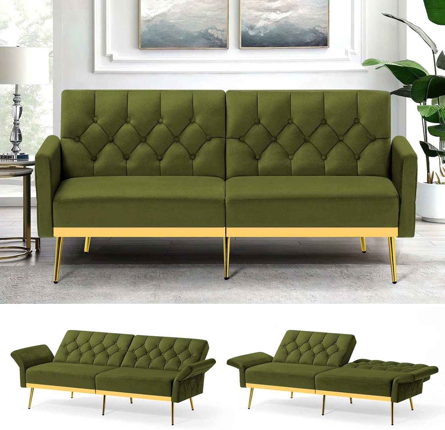 Velvet Sofa Bed w/Adjustable Armrests and Backrests, Modern Convertible Sleeper Sofa, Tufted Futon Sofa for Bedroom, Living Room, Apartment, Olive Green