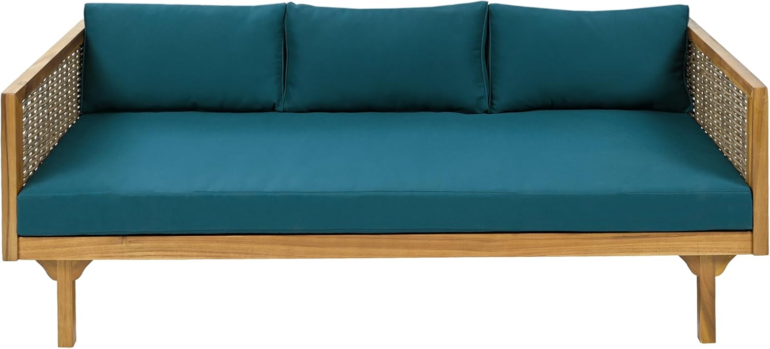 Merax 67.5' Outdoor Patio Daybed 3 Seater Sofa Bed,Acacia Wood Frame with Rattan Arm,Cushion & Pillow for Courtyard