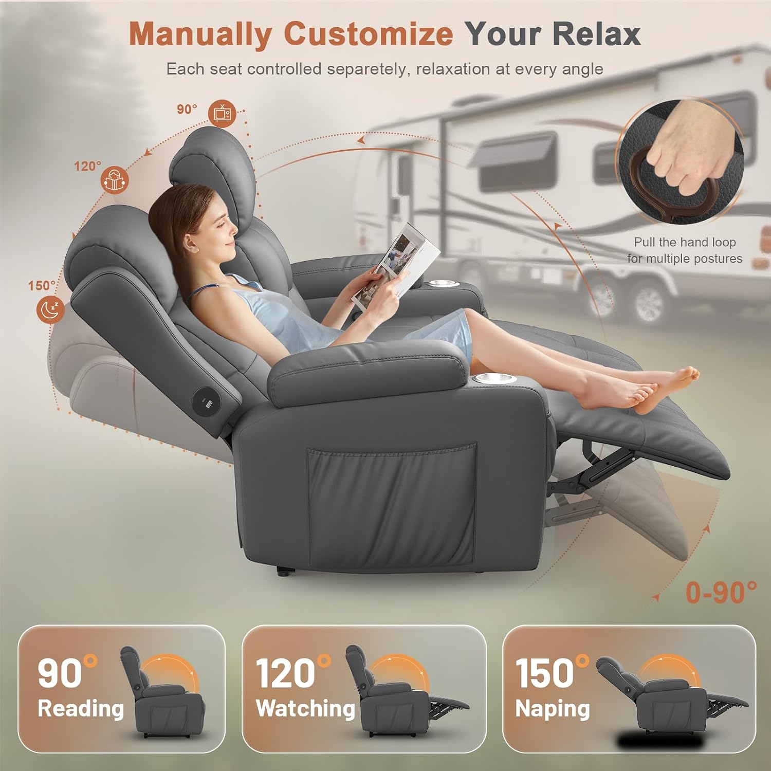 RV Loveseat Recliner Sofa, Massage Wall Hugger Recliners Couch with USB Port, Side Pockets, Cup Holders, 150° Reclining Sleeper, for RV Furniture & RV Camper & Home Theater Seating