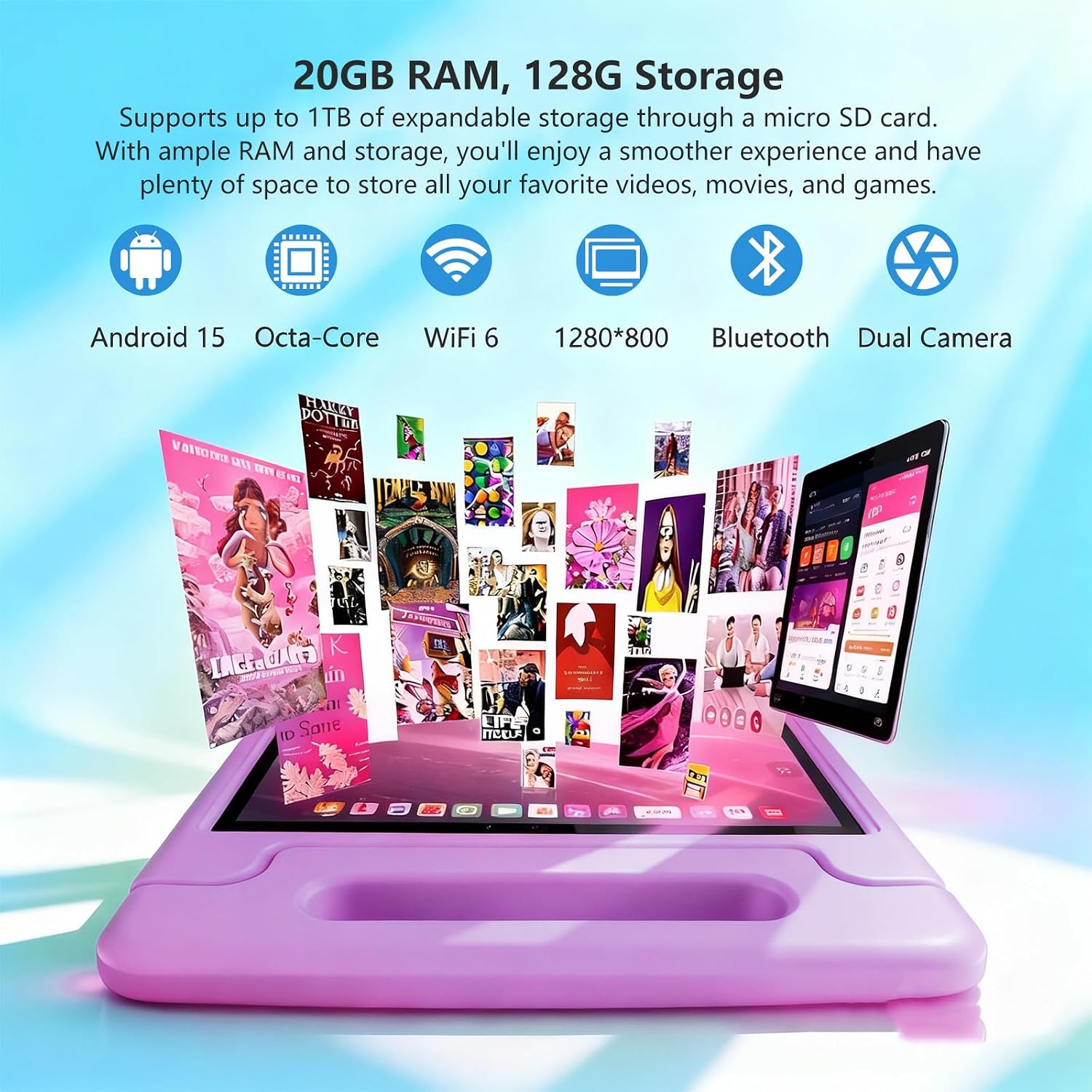 NRKDUBQ Kids Tablet 11 inch Android 15 20GB + 128GB Octa-Core 8000mAh Todder Tablet with Drop-Proof Case, Parental Control, WiFi 6 and Bluetooth, Purple