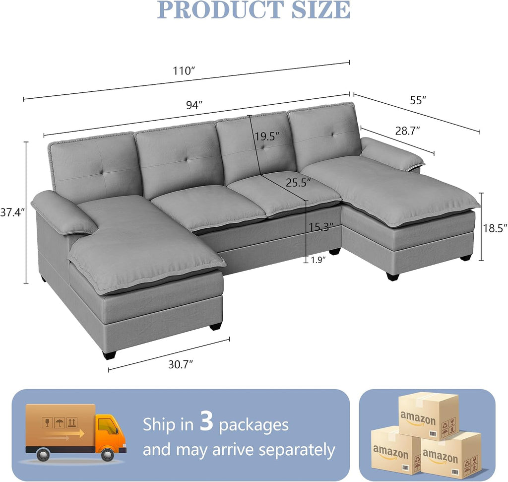 U Shaped Sectional Couch for Living Room,110' 4-Seater Comfy Couch with Double Chaise,Deep Seat Modular Sofa Couches with Thick Cushion & Soft Backrest,Light Grey