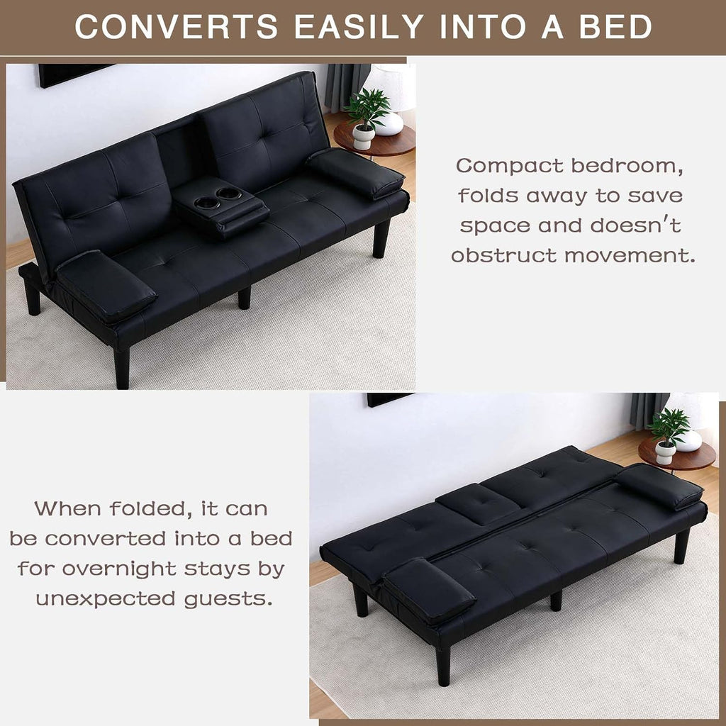 67' Futon Sofa Bed,Convertible Sofa Bed with 2 Cup Holders,Sleeper Couch PVC Leather Removable Soft Armrest Small Couch for Living Room Apartments ﻿ (Black)