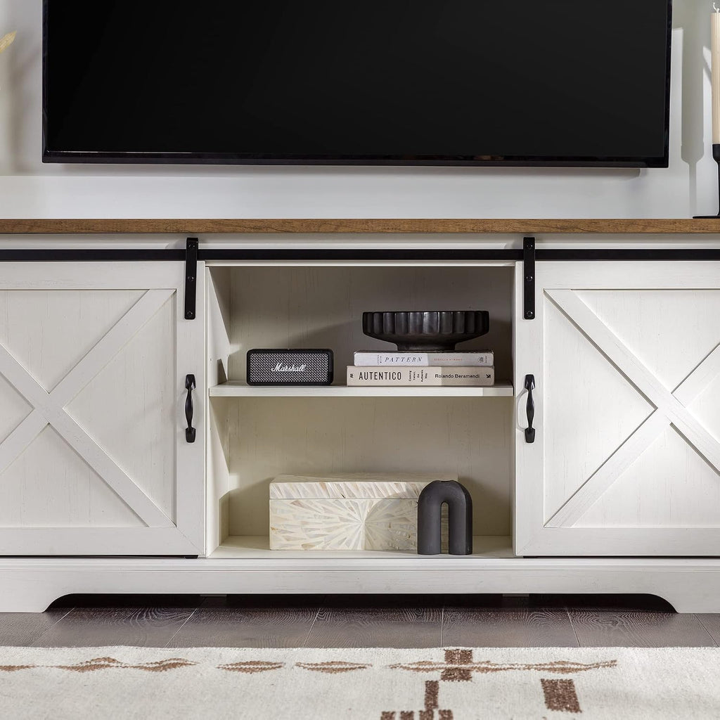 Walker Edison Corbin Modern Farmhouse Sliding X Barn Door TV Stand for TVs up to 80 Inches, 70 Inch, Reclaimed Barnwood and Brushed White