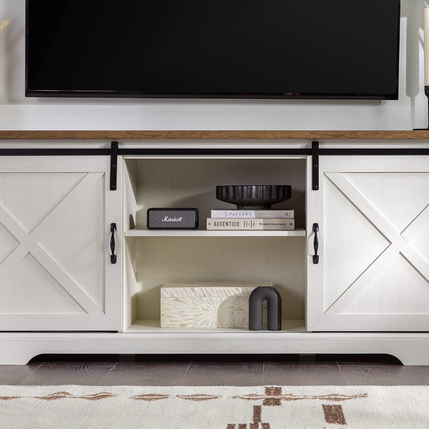 Walker Edison Corbin Modern Farmhouse Sliding X Barn Door TV Stand for TVs up to 80 Inches, 70 Inch, Reclaimed Barnwood and Brushed White