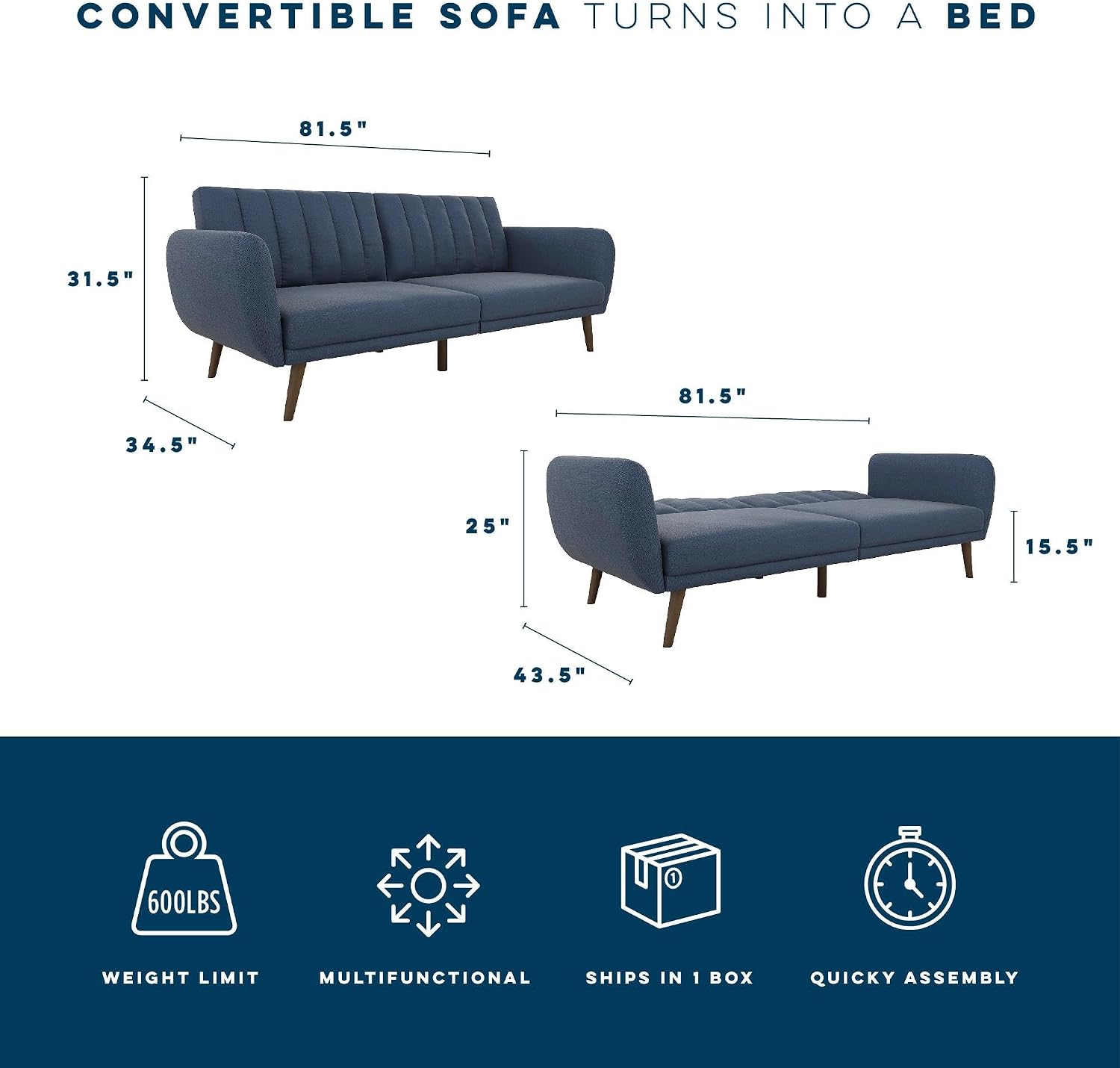 Novogratz Brittany Sofa Futon, Premium Linen Upholstery and Wooden Legs, Blue Linen