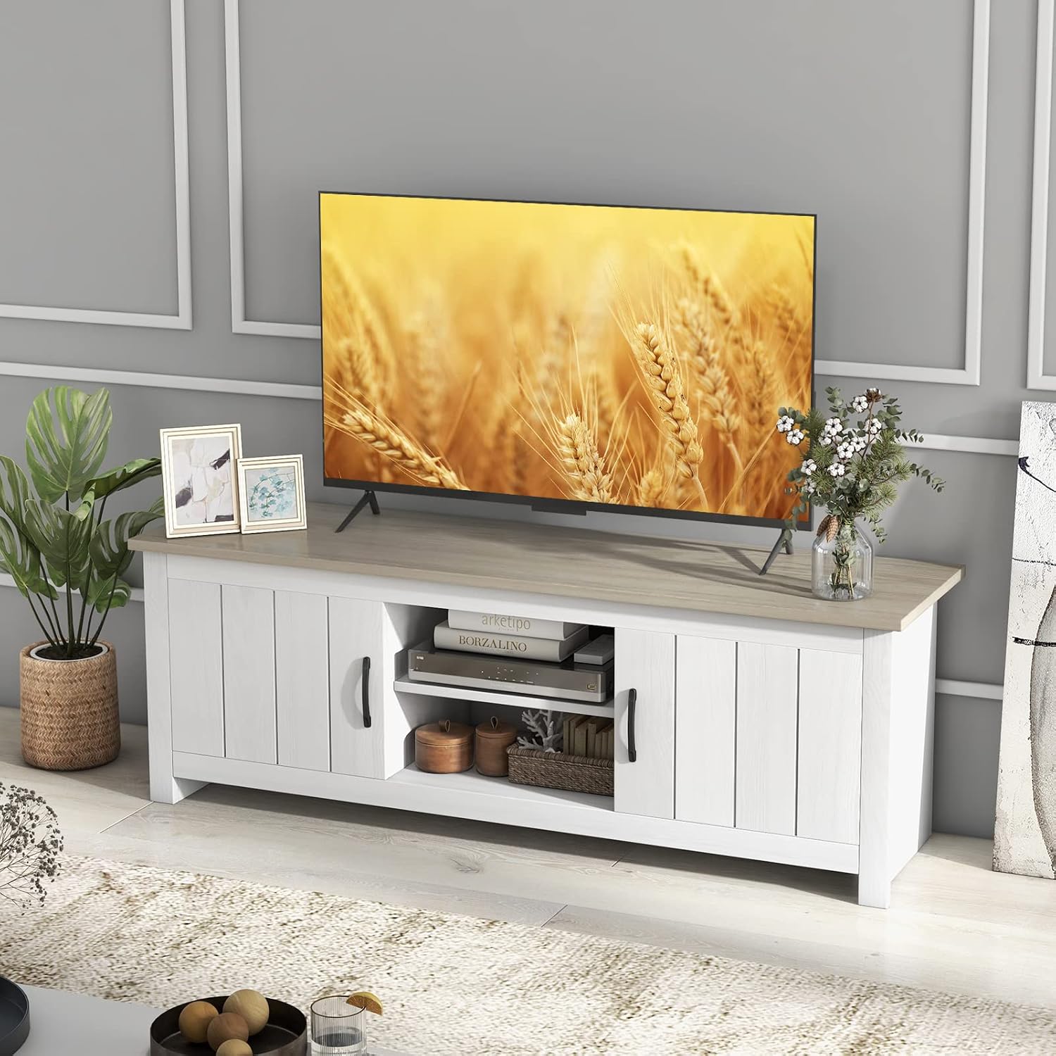 Tangkula 2 Doors TV Stand for TVs up to 65', 57' Media Console Table w/ 2 Cabinets & Open Shelves, 2 Cable Management Holes. Wood Entertainment Center Cabinet for Living Room (White Oak)