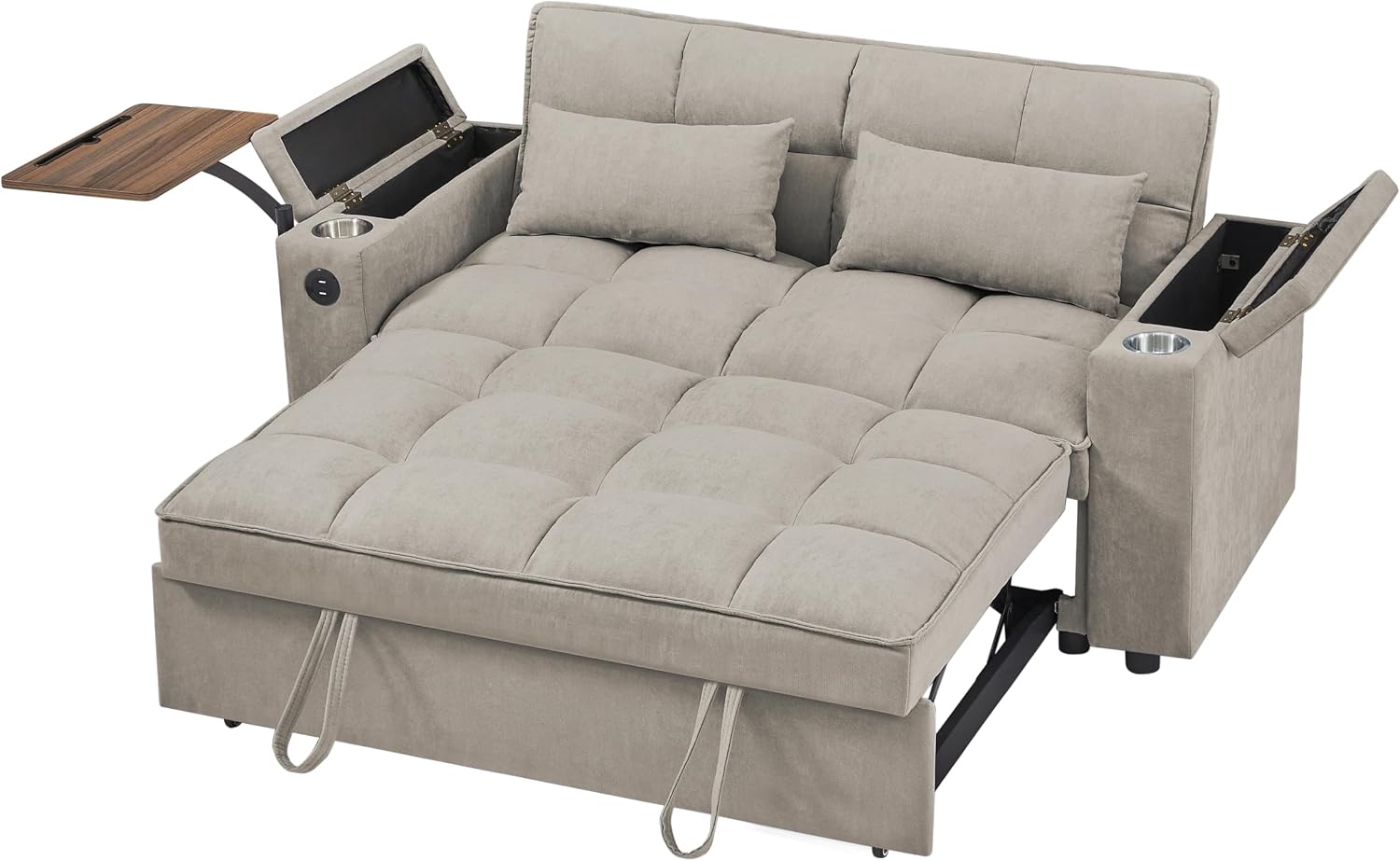 65' Cloud Couch Sleeper Sofa Bed with USB Charging Port & Side Pocket, Chenille Fabric Pull-Out Sofa with Thick Cushions, High Resilience Foam & Pillows for Living Room, Apartment, Small Spaces
