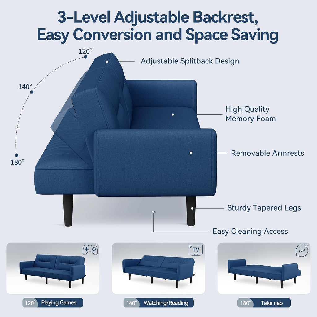 Futon Sofa Bed,75.8' Linen Fabric Comfy Futon Couch Bed,3 Seater Convertible Sleeper Sofa with Adjustable Backrests,Modern Folding Loveseat for Living Room,Office,Apartment,Bedroom,Blue