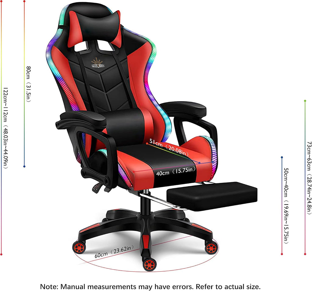 RGB Gaming Chair with Massage and Footrest, Ergonomic Pro Computer Chair with LED Lights and Speakers, High Back Music Video Chair with Lumbar Support and Headrest, for Adult Teens. (Black + Red)