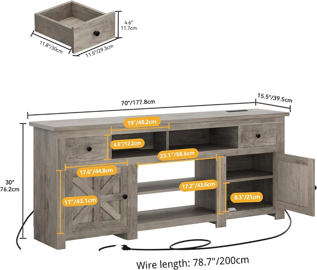 DWVO Farmhouse TV Stand for 75/80 Inches TVs, Entertainment Centers Furniture 30' Tall, TV Consoles with Storage Drawers & Power Outlet, Rustic TV Stands for Living Room, Washed Grey
