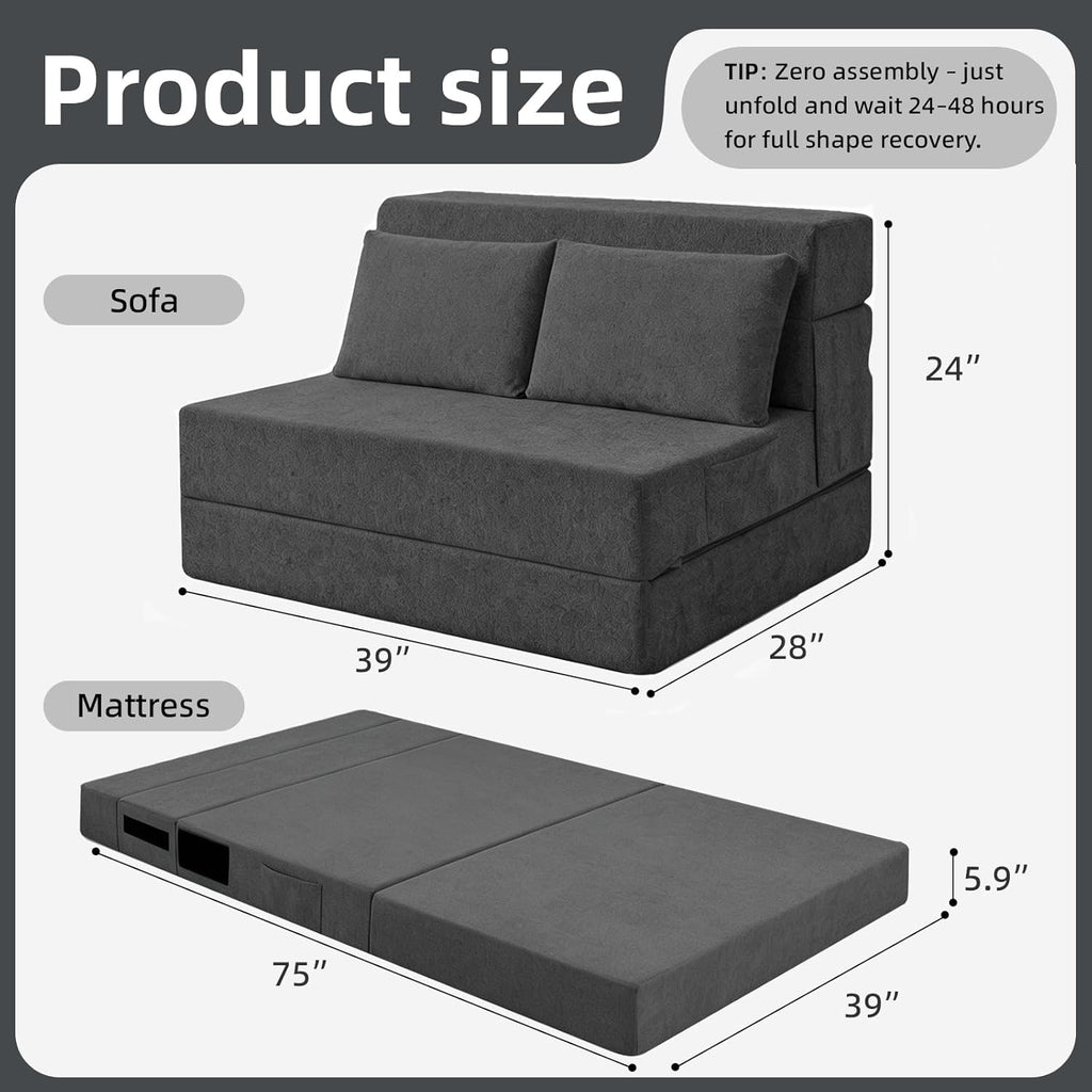 Folding Sofa Bed, Convertible Sleeper Chair with Pillow, Loveseat Fold Out Chair Bed, Memory Foam Floor Couch Mattress, Foldable Futon Couch Lounge for Living Room Guest Room (Grey, Twin)