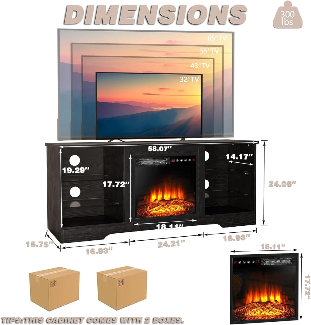 LEMBERI 58 Inches Fireplace TV Stand for TVs up to 65 Inches Console with 18'' Electric Fireplace & Remote, Wooden Modern Entertainment Center for Living Room with LED Light Glass Shelves (Black)