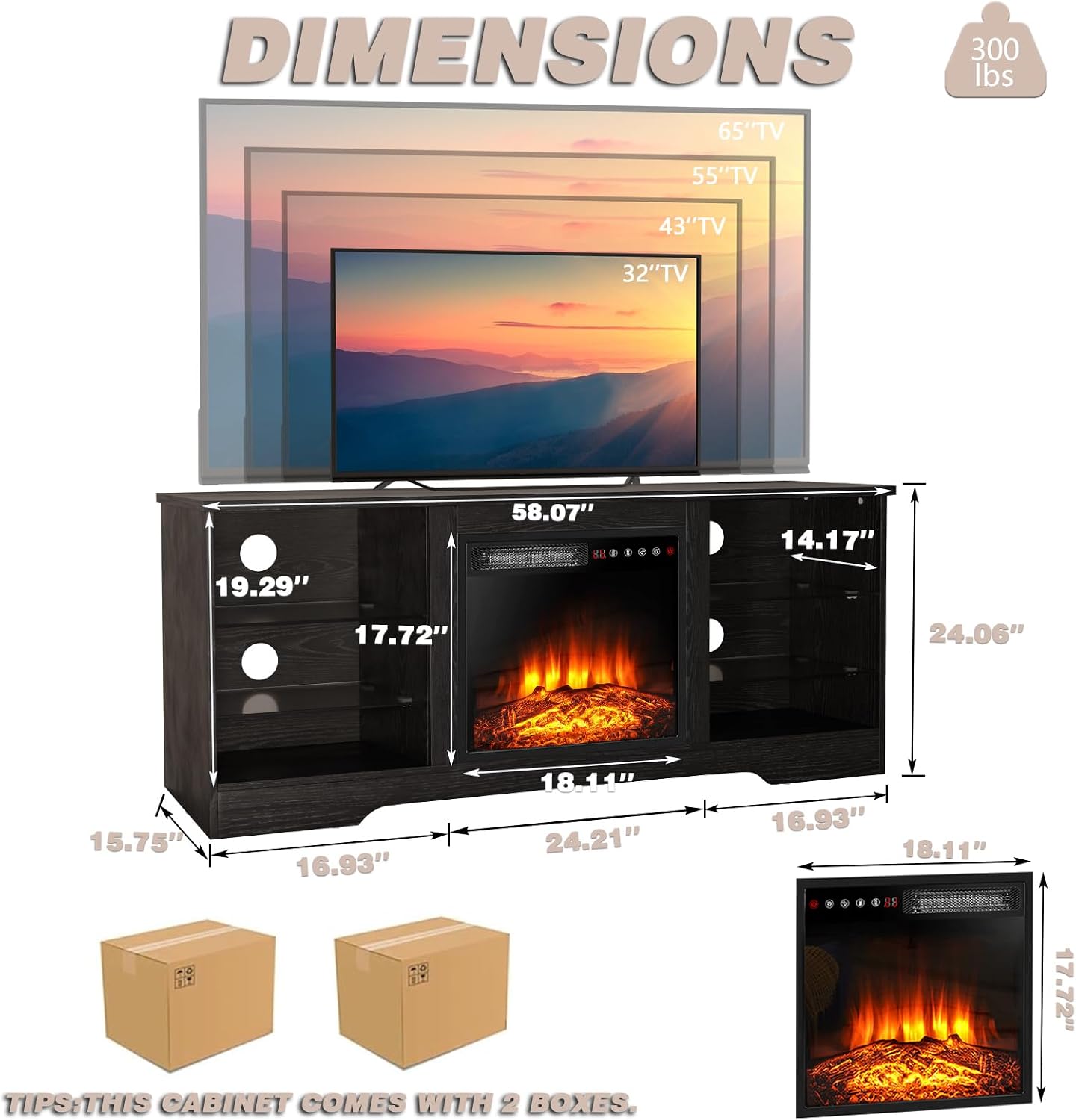 LEMBERI 58 Inches Fireplace TV Stand for TVs up to 65 Inches Console with 18'' Electric Fireplace & Remote, Wooden Modern Entertainment Center for Living Room with LED Light Glass Shelves (Black)