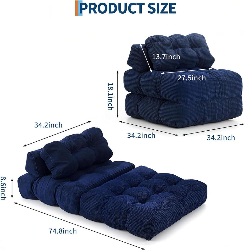Folding Sofa Bed, 3-in-1 Convertible Sleeper Chair with Pillow, Futon Couch Bed with Back Support, Portable Fold Out Chair Bed Comfy Floor Sofa Lounge for Living Room Bedroom, Navy Blue