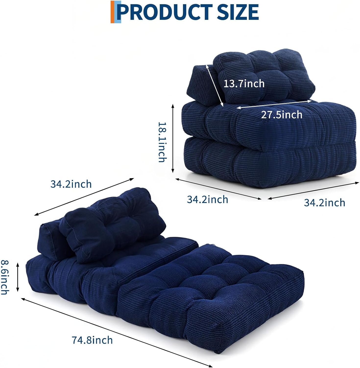 Folding Sofa Bed, 3-in-1 Convertible Sleeper Chair with Pillow, Futon Couch Bed with Back Support, Portable Fold Out Chair Bed Comfy Floor Sofa Lounge for Living Room Bedroom, Navy Blue