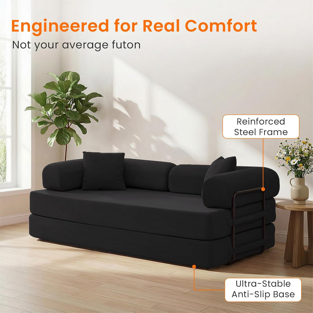 ijuicy 4-in-1 King Convertible Floor Sofa Bed w/ 2 Pillow,Modular Sleeper Sofa/Folding Futon Couch Bed w/Cylindrical Backrest and Fixed Frame,Lounge Couch,Corduroy Compression Sofas for Home-Black