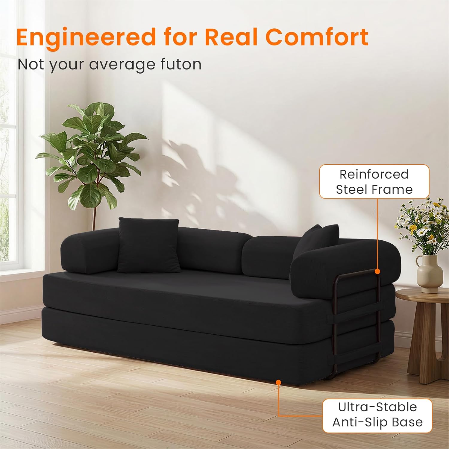 ijuicy 4-in-1 King Convertible Floor Sofa Bed w/ 2 Pillow,Modular Sleeper Sofa/Folding Futon Couch Bed w/Cylindrical Backrest and Fixed Frame,Lounge Couch,Corduroy Compression Sofas for Home-Black