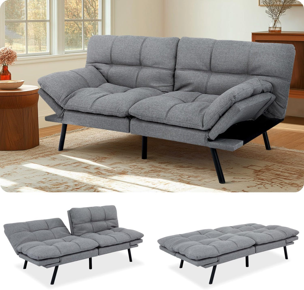 MUUEGM Futon Sofa Bed Modern Memory Foam Futon Couch Sleeper Sofa,Love seat Convertible Sofa with Adjustable Armrest Backrest for Compact Living Spaces,71'' x33''x31.5'',Linen Fabric,Grey