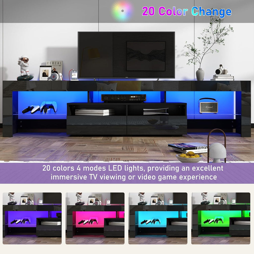 St.Mandyu 86IN LED TV Stand for 90/100 inch TV, High Glossy Modern Entertainment Center with Drawer and Led Lights, Television Table Media Console for Living Game Room Bedroom, Black