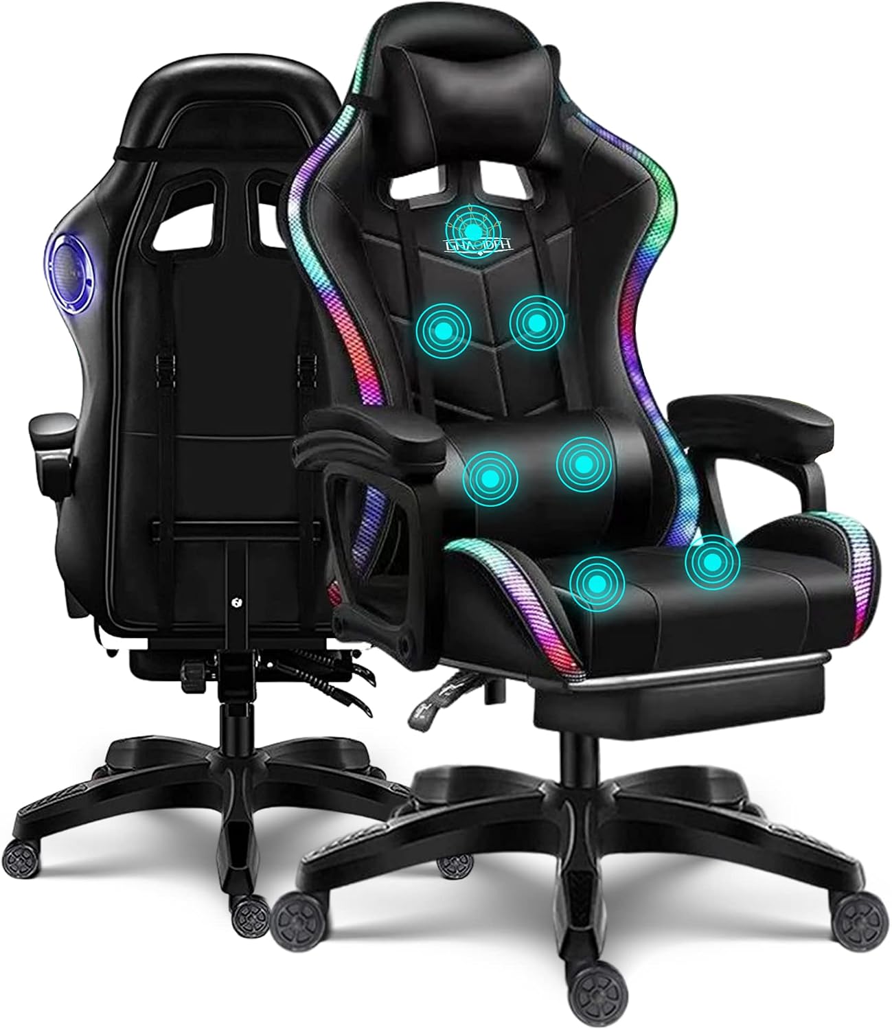 Gaming Chair for Adults with Speakers Massage Computer Office Chair RGB Gamer Chair with Footrest and Lumbar Support Music Video Game Chair High Back PU Leather Ergonomic Desk PC Chair,Black