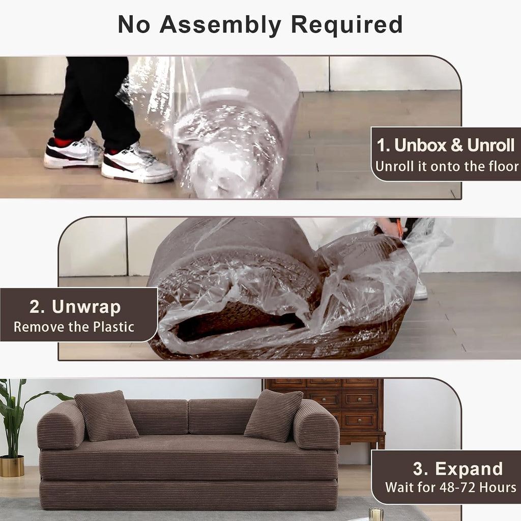JJJ 78 inch Sofa Bed 4-in-1 Boneless Convertible Corduroy Sleeper Folding Couch with Fixed-Shape Frame and 2 Futons No Assemble Required 3 Seater Upholstered for Living Room (Brown, 78 inch)